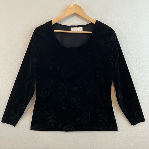 French Laundry Tops - Long Sleeve Black Velvet with Embossed Roses